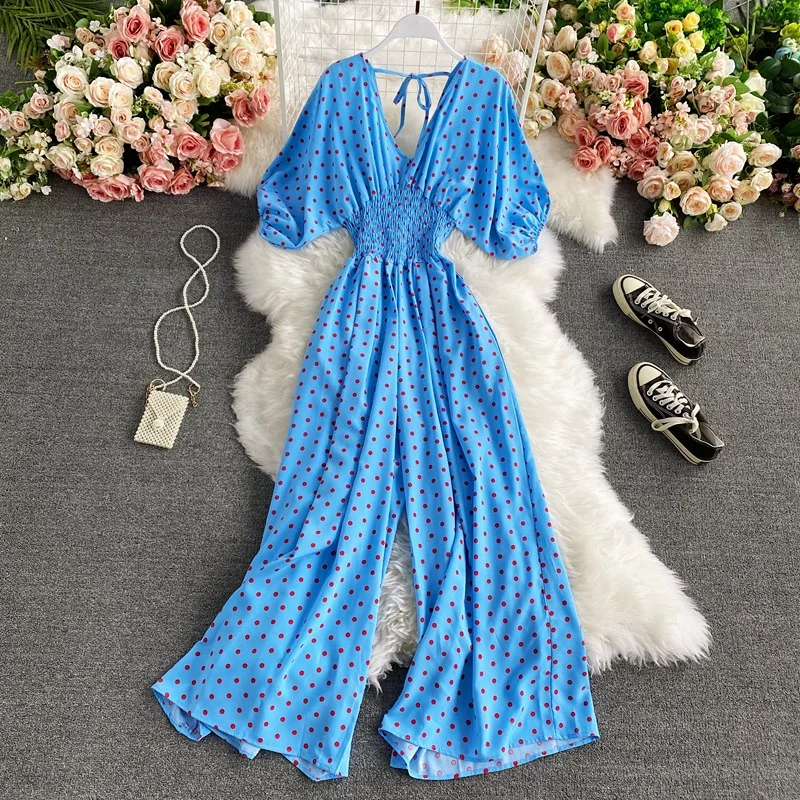 V Neck Sexy Dolman Sleeves Waist Slim Polka Dot Print Jumpsuit Women Wide Leg Trousers Jumpsuit - Image 4