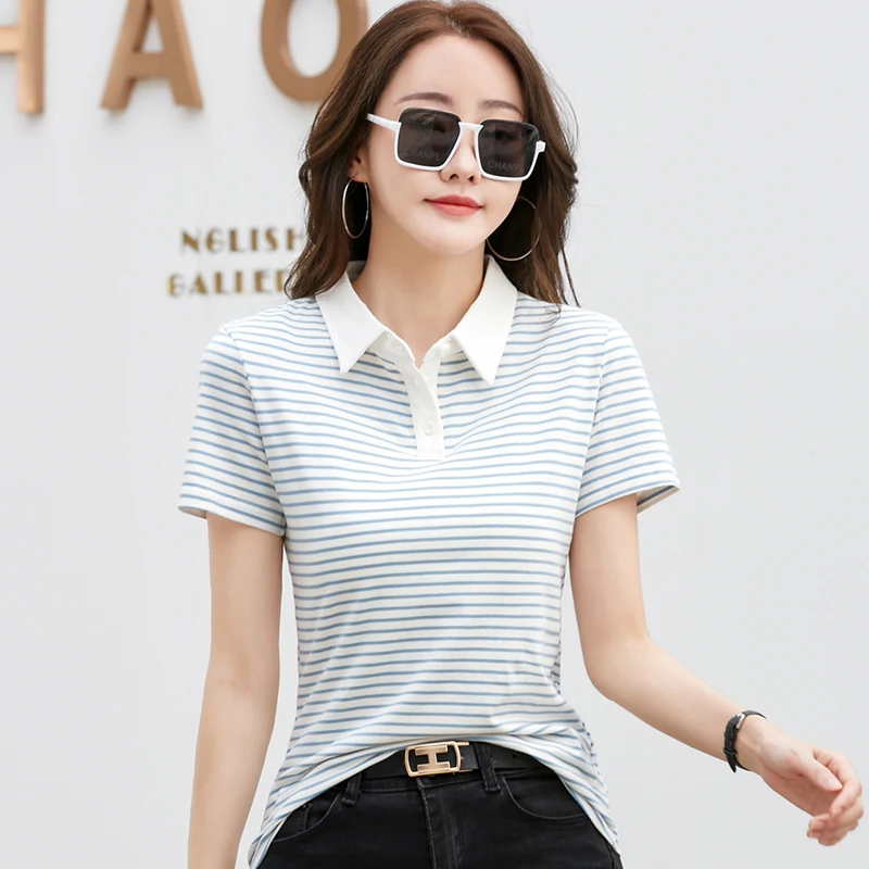 Korean Style Short Sleeve Polo Shirt Women Cotton Stretch Fashion Summer Tops Elegant Knitted Striped T-shirt For Women - Image 5