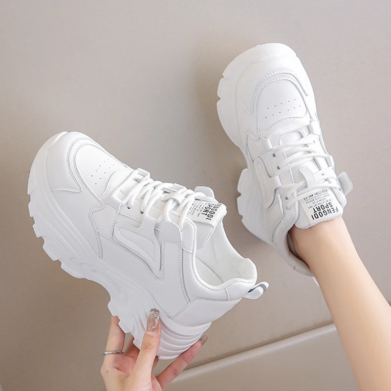 White Platform Women's Sneakers 2024 Spring Lace-Up Thick Bottom Vulcanize Shoes Woman Pu Leather Breathable Sports Shoes Ladies - Image 2