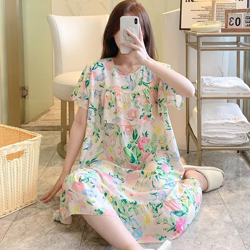 Sexy Nightwear Women Icy Floral Pattern Women Pajamas Dress Butterfly Print Student Sleepwear O- Neck Lace Mid-Length Nightgown - Image 2