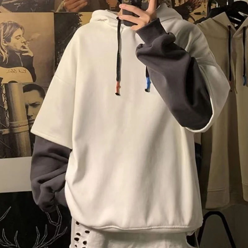 Winter Round Neck Long Sleeve Fashion Sweatshirts Man High Street Casual Loose Pullovers Fake Two Pieces Thick Drawstring Hoodie - Image 4