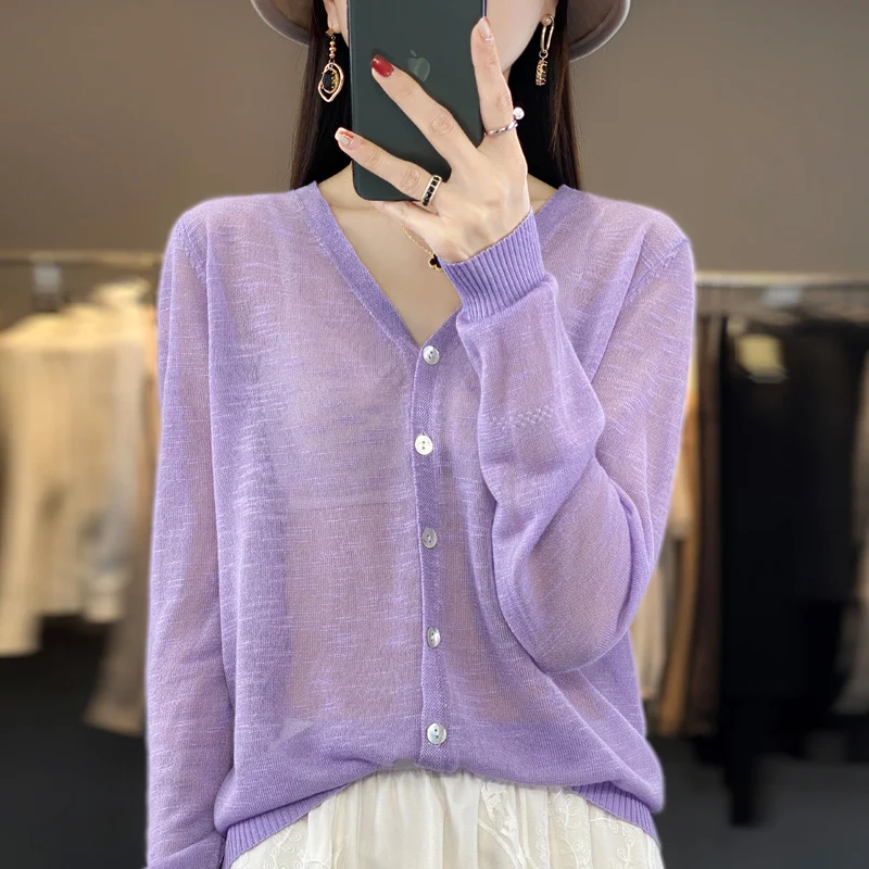 Summer Sunscreen Ice Silk Cardigan Women's V-Neck Long Sleeve Loose Knitted Top Solid Transparent Cardigan Air Conditioned Shirt - Image 4