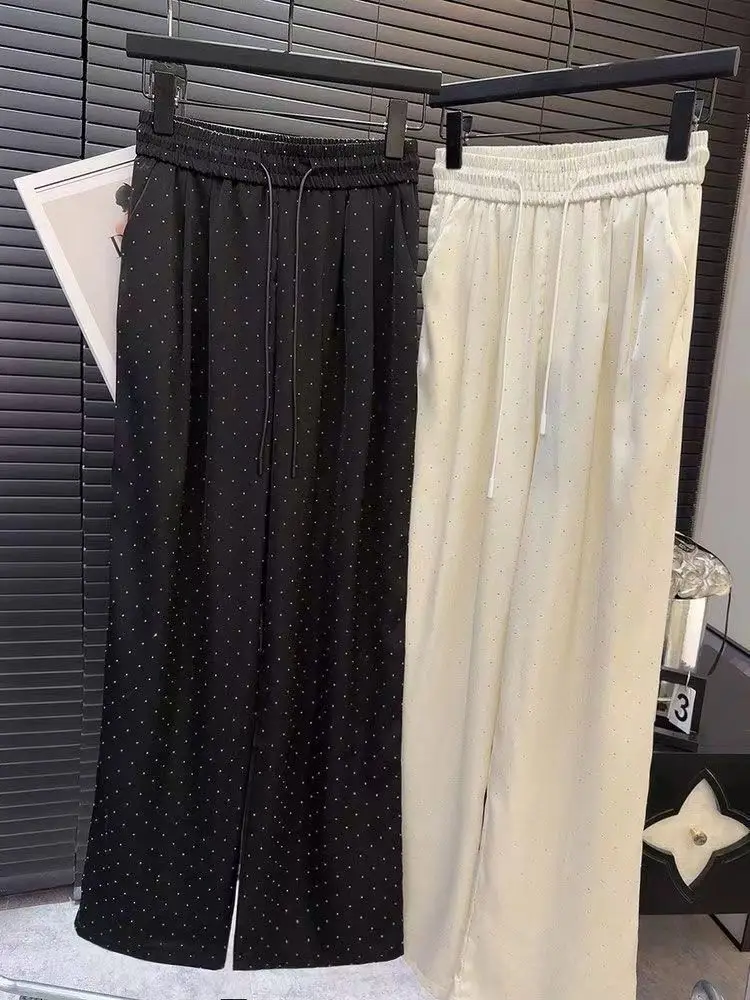 New Women High Waist Hot Diamonds Wide-legged Pants Summer Korean Chic Design Loose Straight-legged Pants Elastic Waist Trouser - Image 2