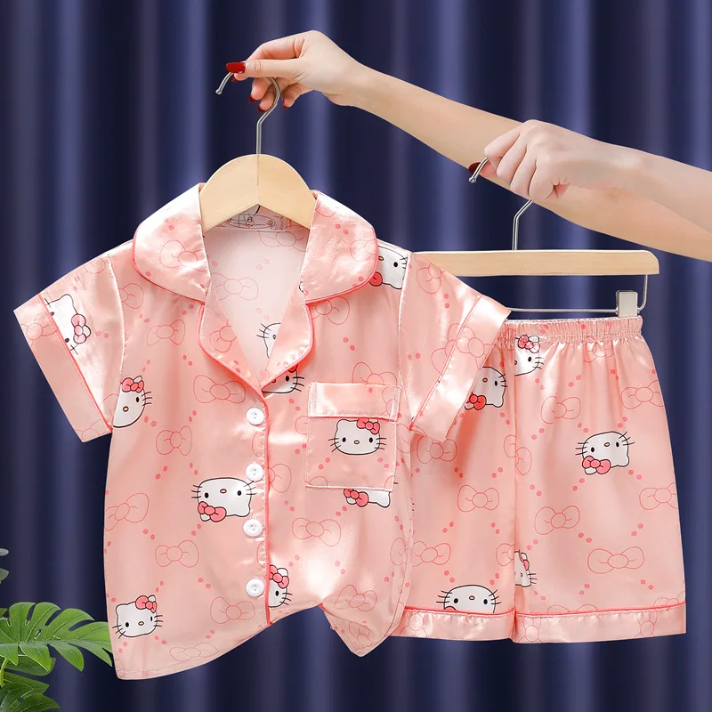 Girls Ice Silk Pajamas Set Children's Sanrio Hello Kitty Cartoon Turn-down Collar Short Sleeve Top + Shorts 2Pcs Kids Nightwear - Image 2