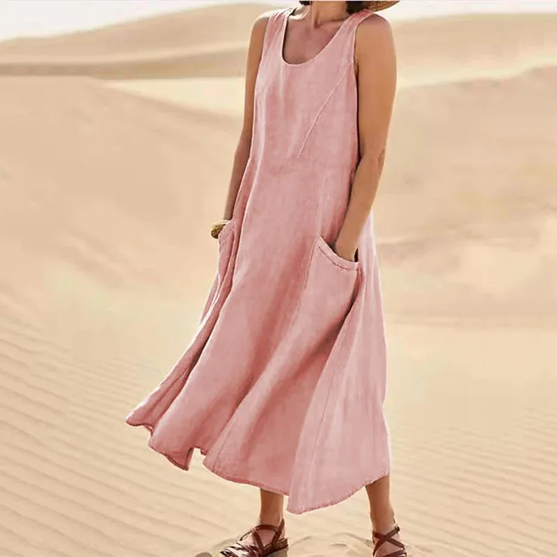Vintage Sleeveless Tank Dress Women Elegant Round Neck Solid Cotton Linen Vestidos Summer Casual Loose Pockets Long Dresses - Image 6