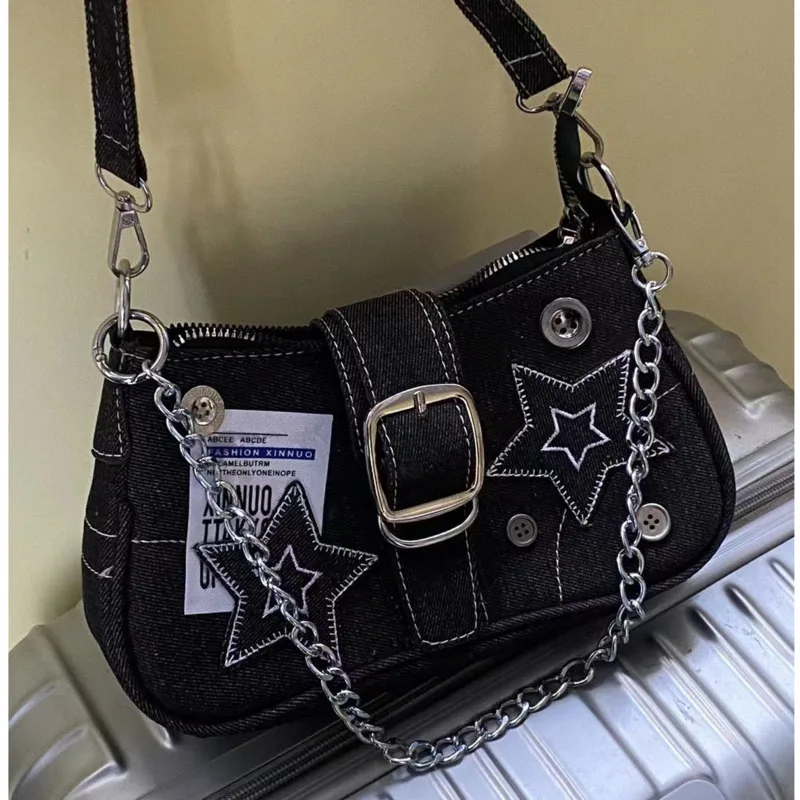 Y2k Fashion Women's Handbags Stars Pattern Cool Girls Underarm Bag Vintage Canvas Female Small Shoulder Bags Chain Tote Purses - Image 5