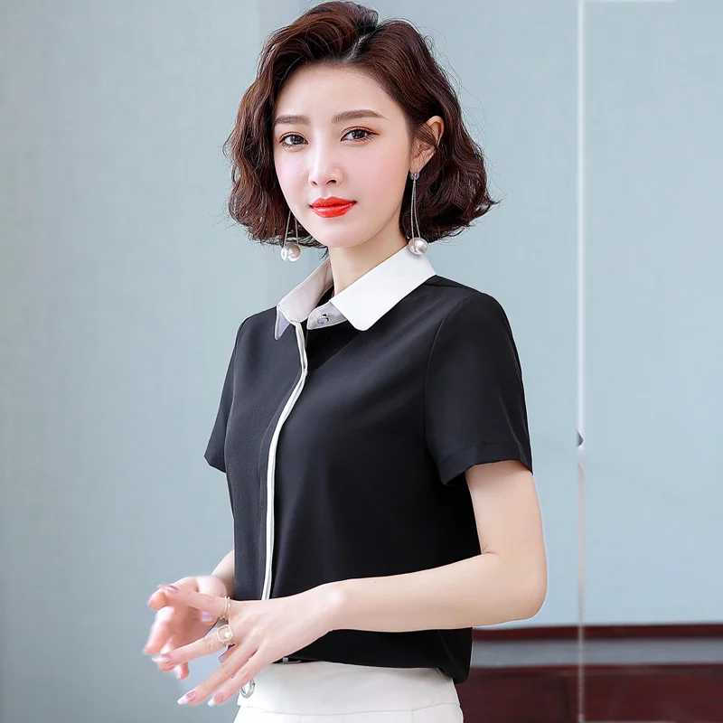 Summer New Women'S Short Sleeved Patchwork Temperament Chiffon Shirt Korean Fashionable Versatile Lapel Professional Top Female - Image 3