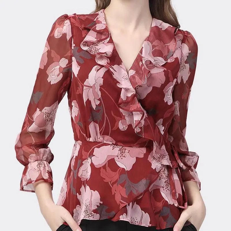 Elegant V-Neck Blouse Fashion Ruffles Spliced Spring Summer Waist Drawstring Women's Clothing Commute Vintage Asymmetrical Shirt - Image 2