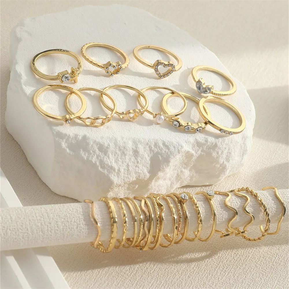 Fashion Simple Wave Joint Rings Set For Women Crystal Heart Shape Gold Silver Color Ring Female Party Jewelry - Image 4