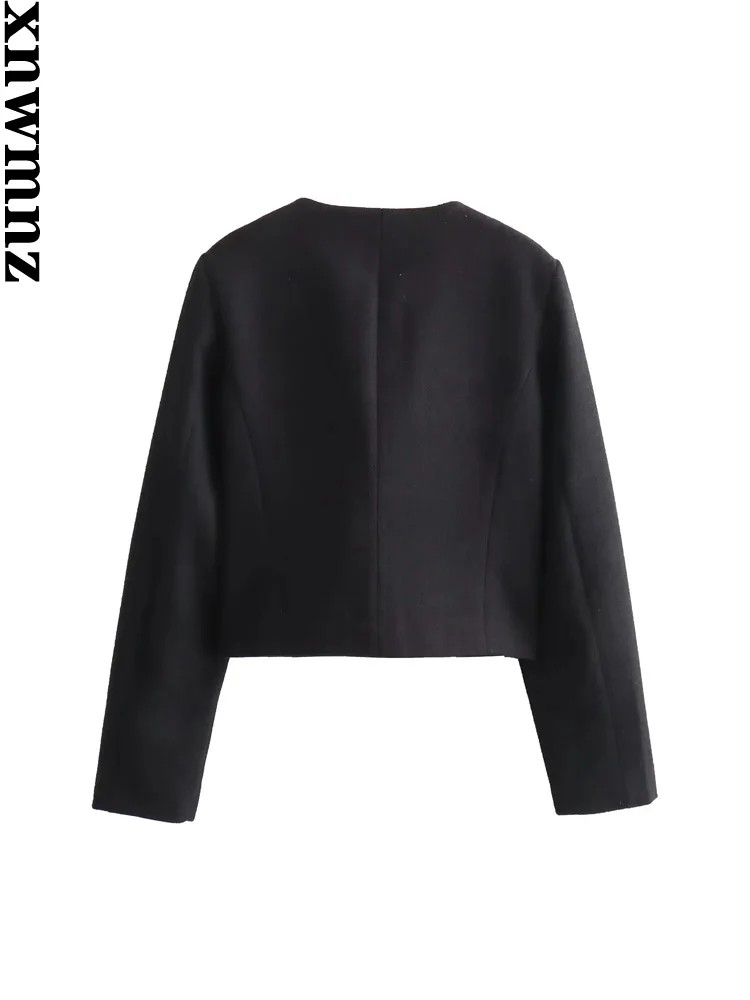 XNWMNZ Women's Fashion 2023 Autumn/Winter Flap Pocket Crop Jacket Women Vintage O Neck Long Sleeve Versatile Female Blazer - Image 4