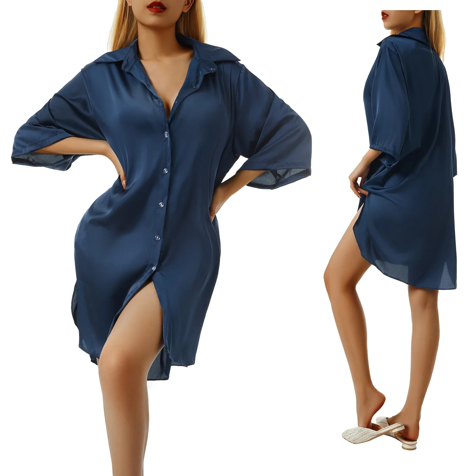 Combhasaki Women's Solid Color Satin Silky Comfy Sleepshirts Half Sleeve Single Breasted Down Lapel Collar Loose Night Shirts - Image 6