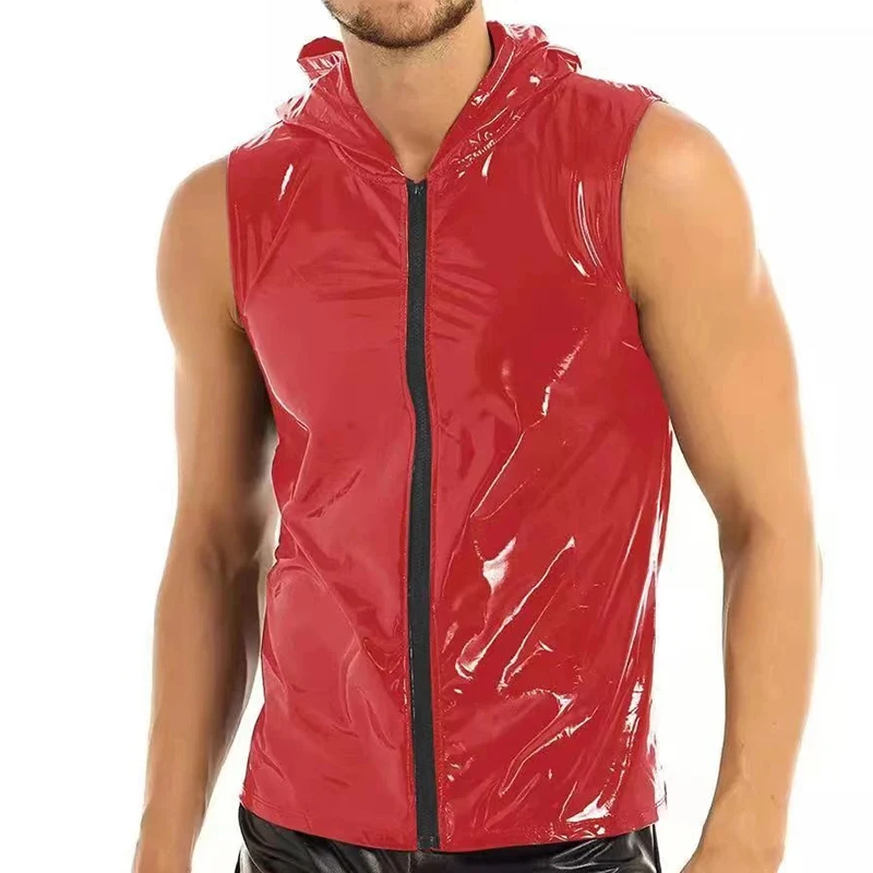 Men PVC Hoodies Tank Tops PU Leather Zipper Sleeveless Latex Hooded Shirts Vest Sexy Party Clubwear Fitness T-shirts Streetwear - Image 5