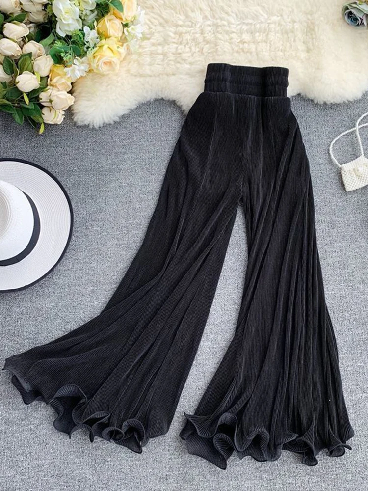 ZOKI Women Flare Pants Loose Gauze Elastic High Waist Ruffle Chiffon Ladies Trousers Fashion Black White Summer Female Pants New - Image 2
