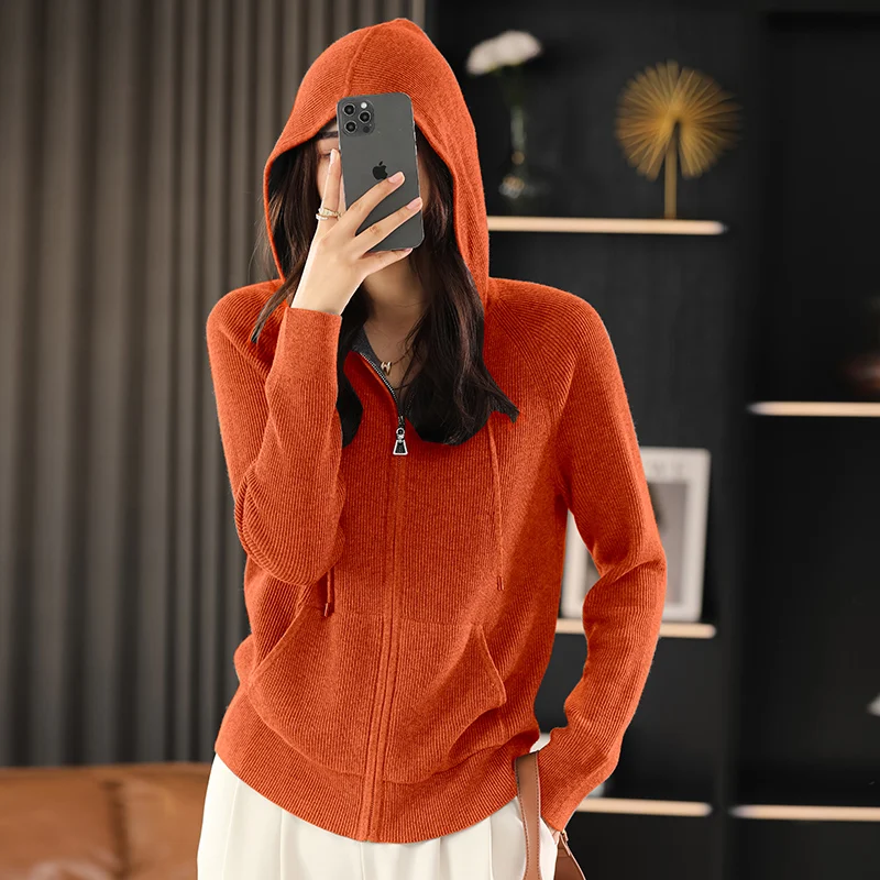 Women Autumn Winter Wool Blend Sweater Hooded Collar Thicken Knitted Zipper Cardigan With Pocket Basis Top Female Coat - Image 2