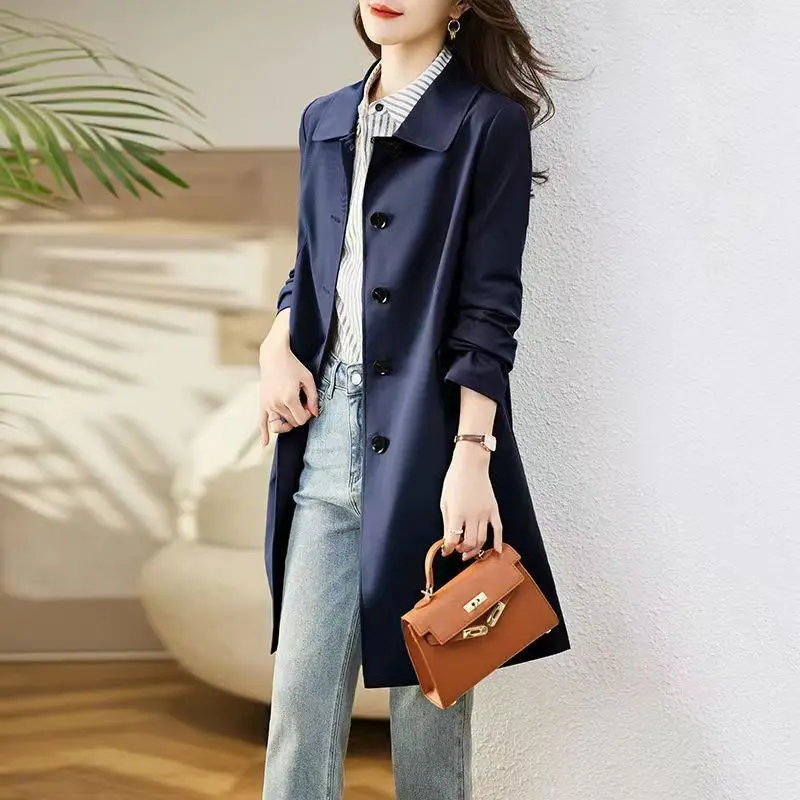Spring Autumn Fashion Turn-down Collar Long Sleeve Solid Trench Women's Clothing Korean Button Simplicity Trend All-match Tops - Image 2