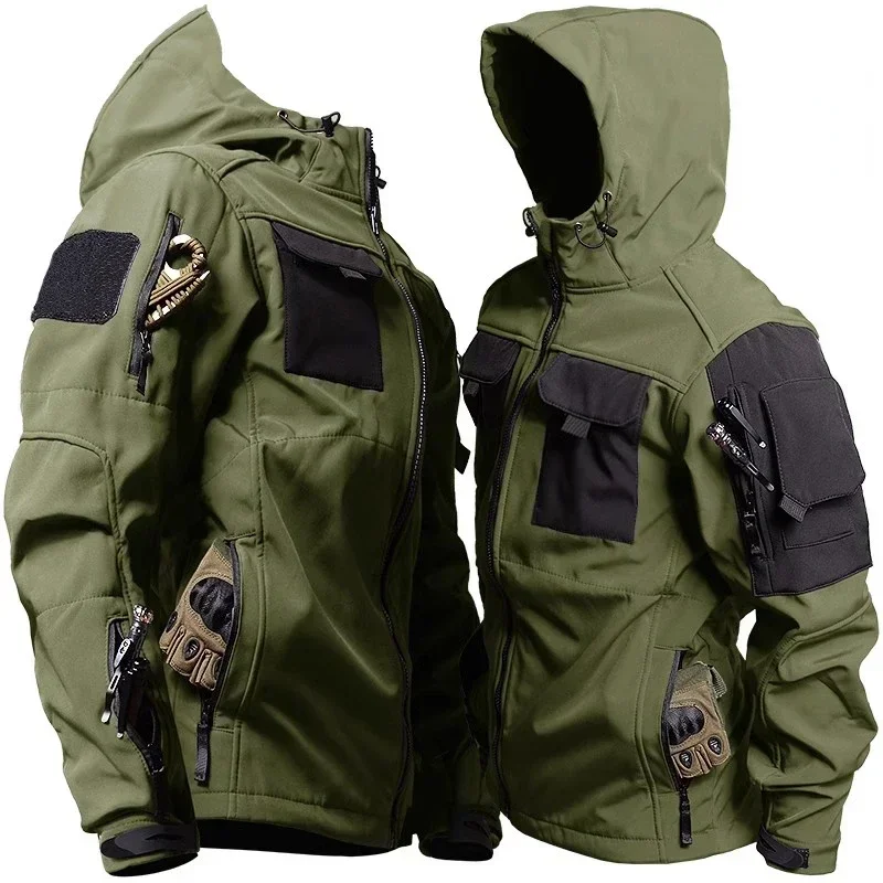 Mens Thicken Tactical Set Windproof Waterproof Outdoor Suit Soft Shell Multi-Pocket Hooded Jackets+Fleece Work Pants 2-piece - Image 3