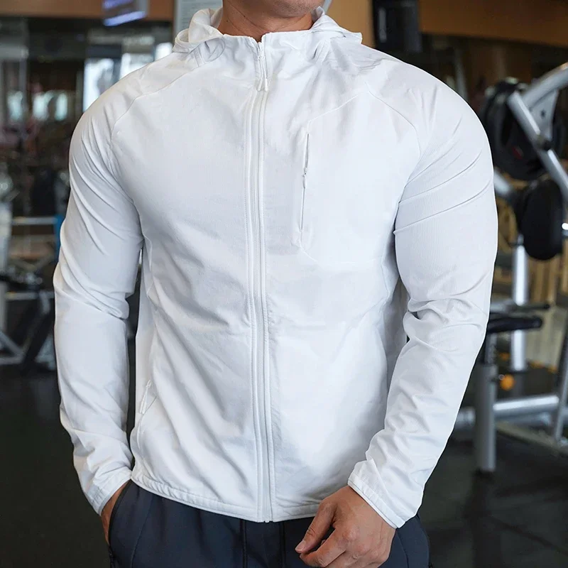 High Quality Nylon Sport Coat Mens Gym Fitness Hoodies Outdoor Workout Tops Hooded Training Running Zipped Jacket Clothes - Image 6