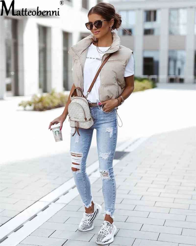 Summer 2022 Ripped Light Blue Jeans Women's Slim Knee Cut Hole Length Casual Pencil Pants Retro Jeans - Image 3