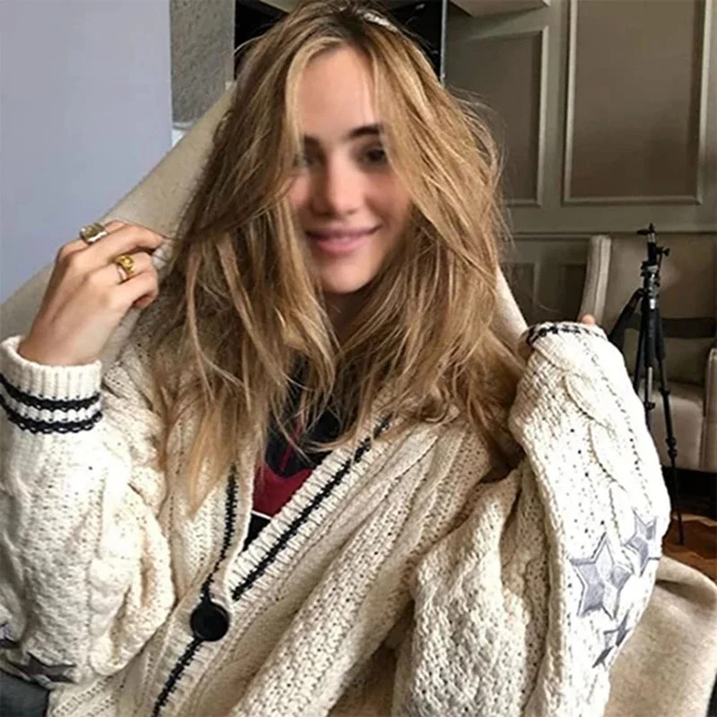 2024 Winter Loose Knitted Cardigans Coat Star Embroidery Y2K Women Sweaters Streetwear Vintage Casual Single Long Sleeve Top - Image 2