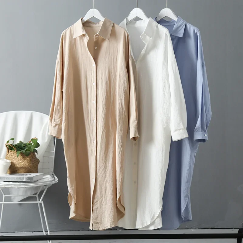 2024 Spring Casual Women's Blouses Korean Clothing Autumn Vintage Linen Cotton Mid-Length White Shirt Dress For Female Chic Tops - Image 2