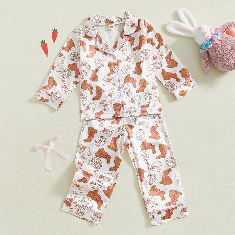 Toddler Girl Easter Satin Pajama Set with Bunny and Carrot Print Long Sleeve Button-up Tops and Pants Sleepwear Outfit 2 Piece - Image 3