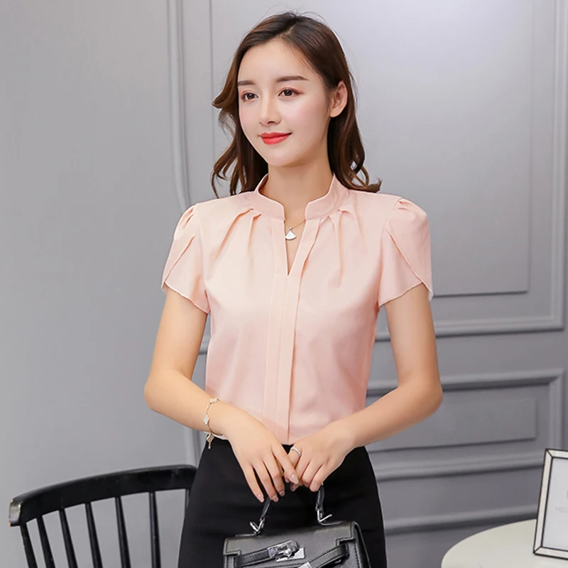 Women Chiffon Shirt Korean Elegant Slim Folds Short Sleeve Women Blouse New Casual Office Stand Collar All Match Ladies Tops - Image 3