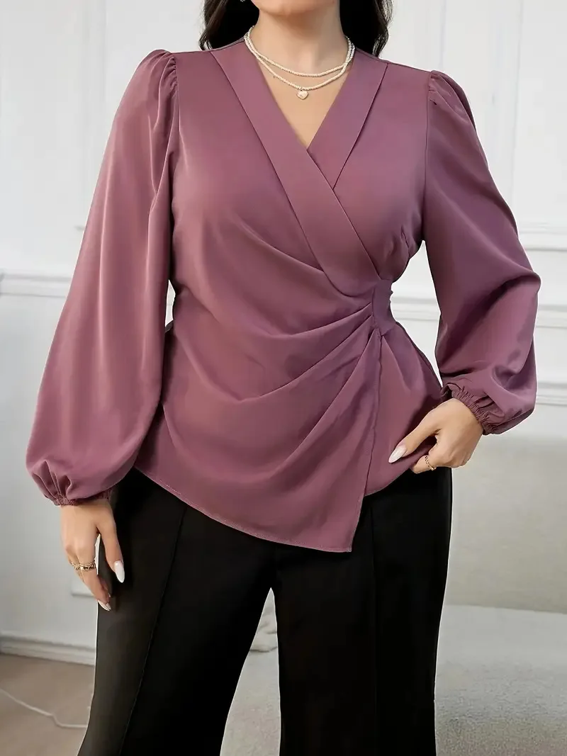 GIBSIE Plus Size Solid V-neck Wrap Tie Blouse Women Spring Fall Lantern Sleeve Elegant Office Ladies Ruched Blouses Shirts - Image 3