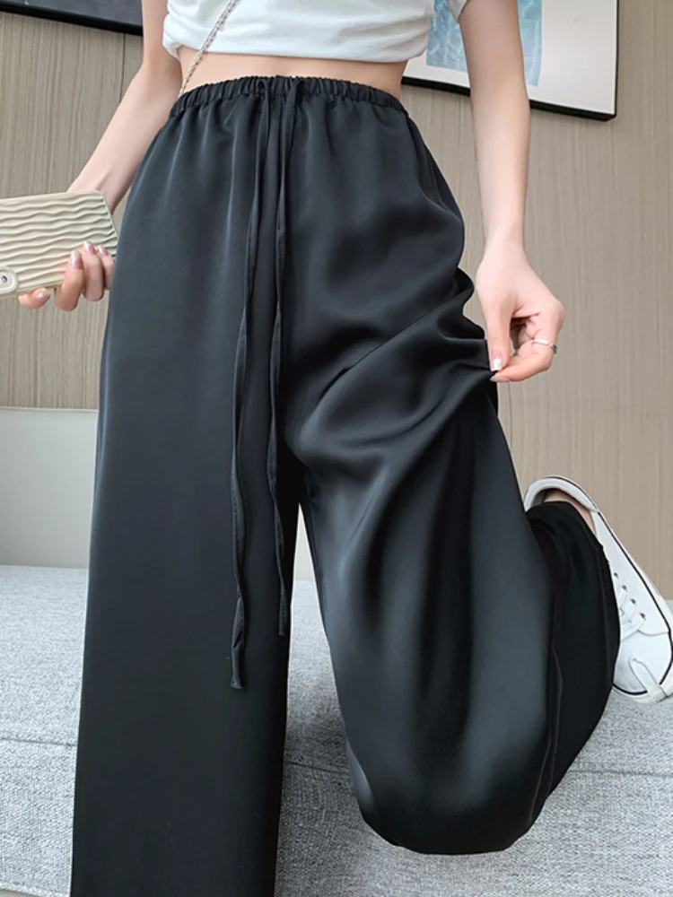 Women's Wide Leg Pants Summer Ice Silk Straight Trousers High Waist Ladies Casual Loose Satin Soft Full-length Pants for Women - Image 5