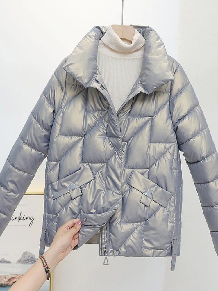 Women Jacket Winter Parkas Female 2023 New Glossy Down Cotton Jackets Stand Collar Casual Warm Parka Short Coat Female Outwear - Image 2