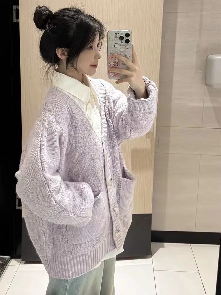 Purple knitted cardigan sweater, college style sweet knitted sweater for women's autumn winter new long sleeved V-neck sweater - Image 5