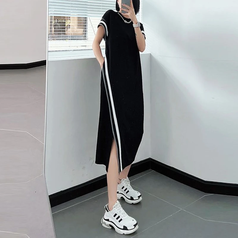 2023 Summer New Korean Style Contrast Color Asymmetrical Ladies Midi Dress Female Short Sleeve Loose Casual Straight Vestidos - Image 4