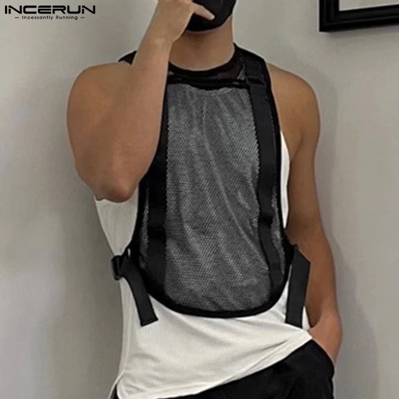 INCERUN Men's Tank Tops Mesh Transparent Solid Color O-neck Sleeveless Casual Male Vests Streetwear 2024 Fashion Men Clothing - Image 2