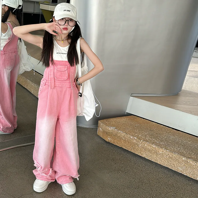 Overalls for Kids Pink Loose Casual Wide Leg Jeans Teenage Girls Jumpsuit Fashion All-match 12 13 14 Years Children Trousers - Image 3