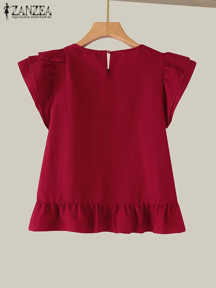ZANZEA Women Chic Ruffle Blouse Vintage Short Sleeve Peplum Tops Holiday Summer Round Neck Tunic Casual Multilayer Pleated Shirt - Image 5
