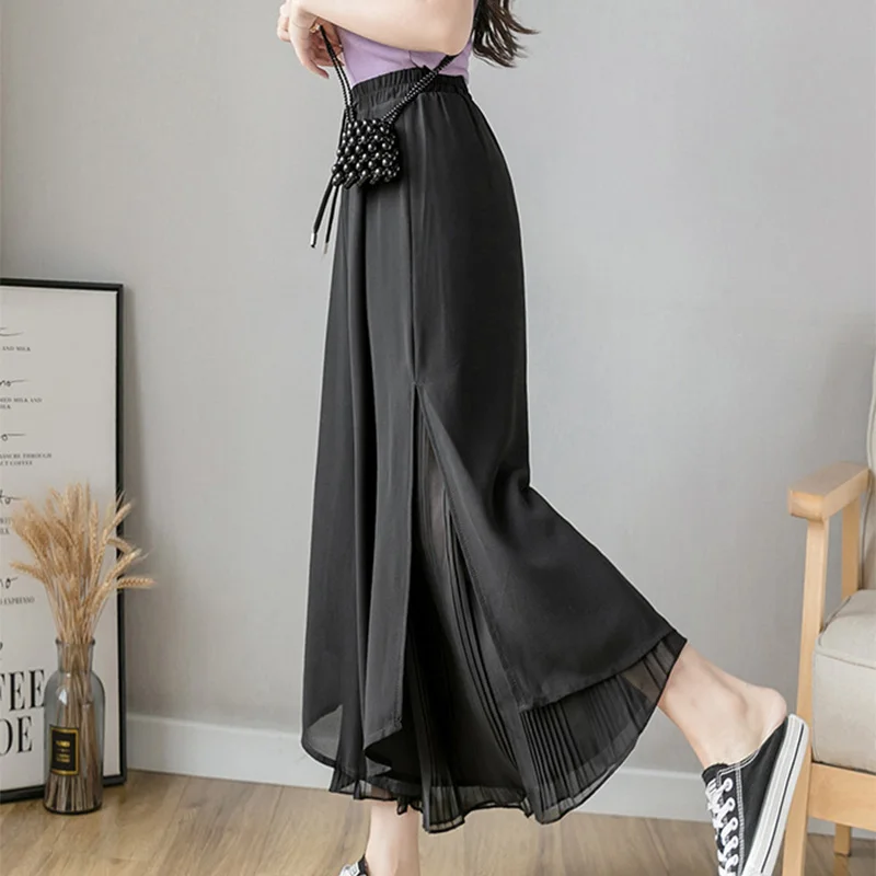 Women Pants Culottes Elastic Wide Leg Irregular Hem Double Layers Korean Trousers Summer Casual Loose Pleated Pants - Image 3