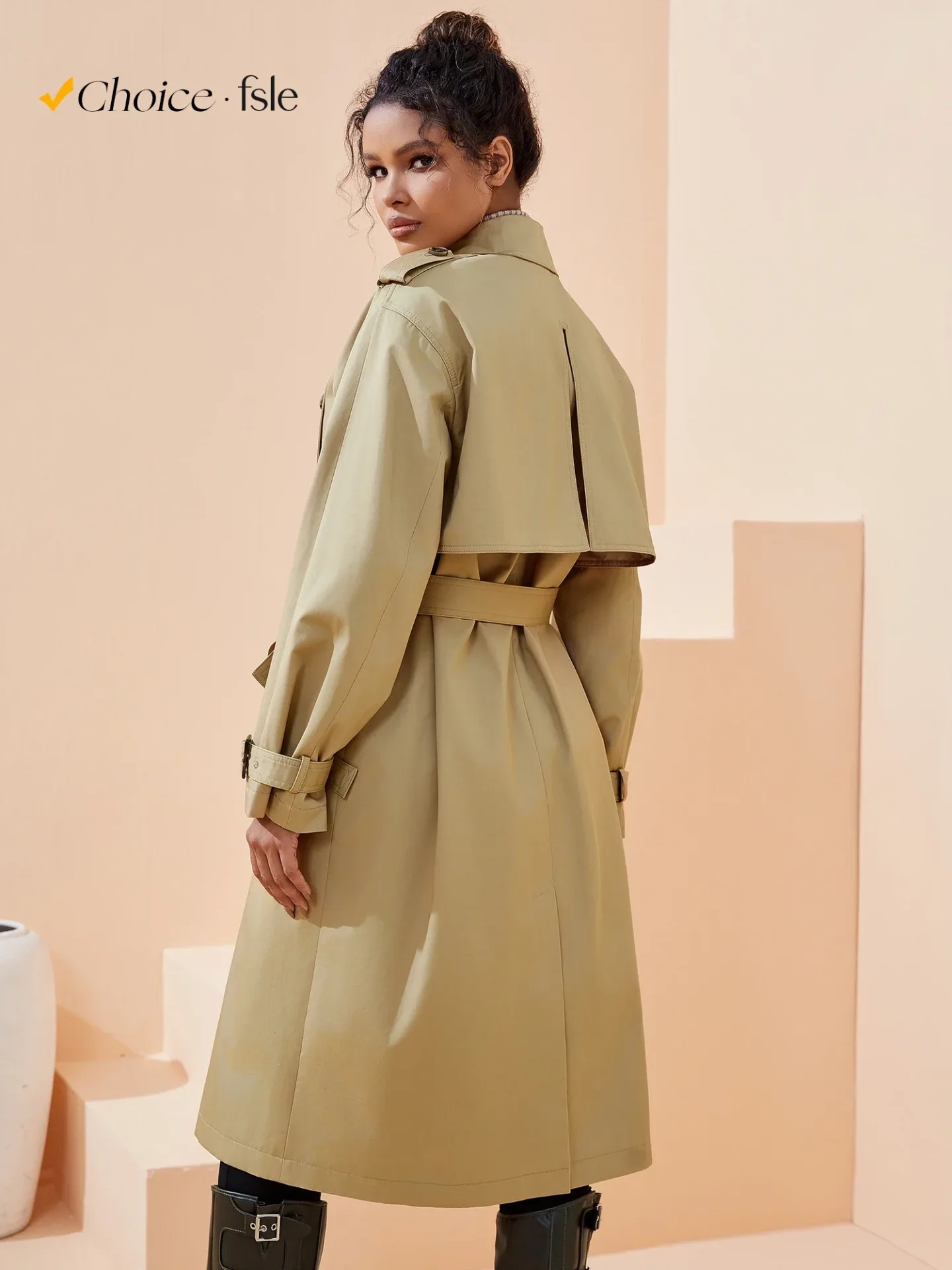FSLE Women Trench Khaki Autumn Long Trench Coats Turn Down Collar Full Sleeve 100% Cotton Women Oversized Trench 24FS11325 - Image 3