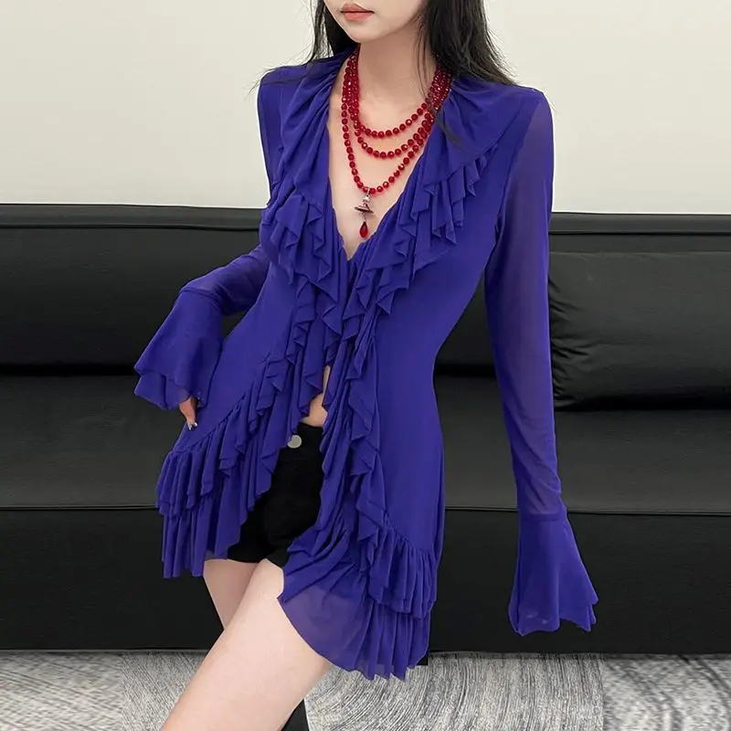 Korean Blouse Women's Clothing V-neck Long Sleeve Tunic Shirts Camisas De Mujer Heavy Ruffles Spring Summer Gauze Blouses Tops - Image 2