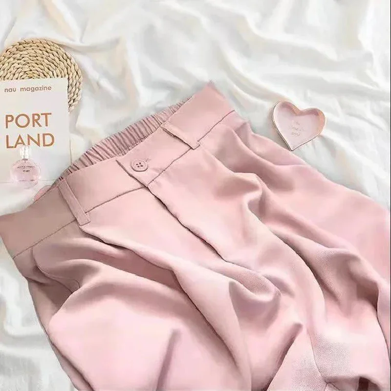 Women Fashion Suit Pant High Waist Casual Loose Straight Solid Trouser Office Lady Streetwear Button Up Elastic Nine Points Pant - Image 3