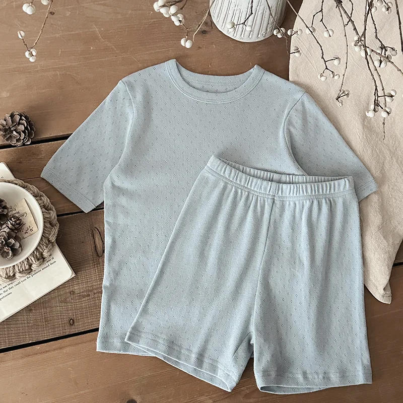2025 A - Class Soft Cotton Solid Color Ribbed Home Pajamas Set for 0 - 4 Years Ins Style Breathable Boys Girl Home Wear Suit - Image 5