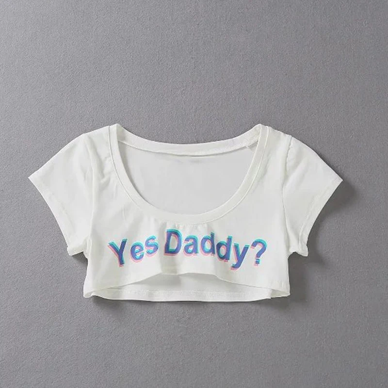 Women Letter Print Short Sleeve Yes Daddy Short Top Sleeve Crop Running T Shirt - Image 3
