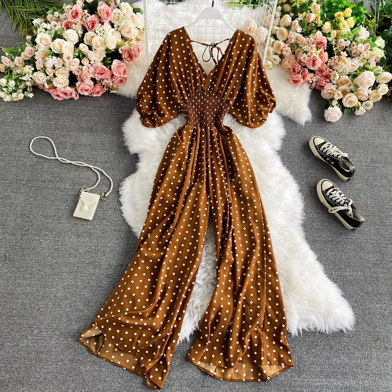 V Neck Sexy Dolman Sleeves Waist Slim Polka Dot Print Jumpsuit Women Wide Leg Trousers Jumpsuit - Image 5