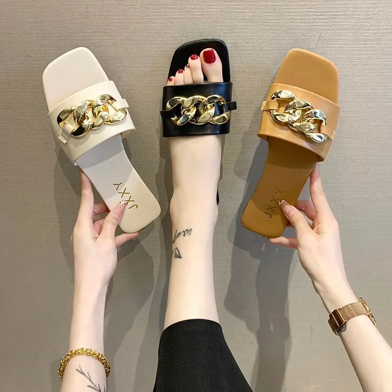 2024 New Fashion Women's Slippers Square Toe Chain Slippers Flat Slide Sandals Beach Flip Flops Metal Decoration Casual Shoes - Image 5