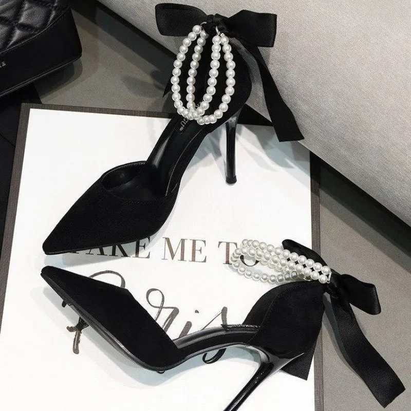 Black Women's Pumps Summer New Brand Design String Bead Pearls Wedding Bridal High Heels Sexy Pointed Toe Party Dance Shoes - Image 3