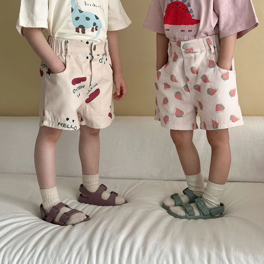 2025 New Summer Kids Cotton Shorts - Printed Loose Casual Boys Girls Pants with Strawberry Pattern - Image 2
