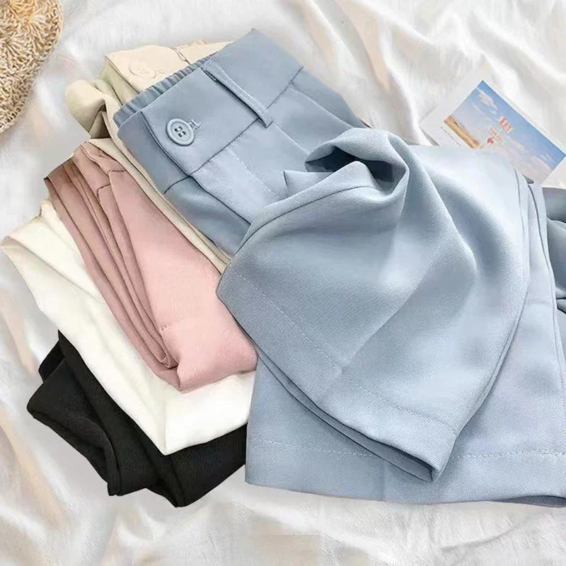 Women Fashion Suit Pant High Waist Casual Loose Straight Solid Trouser Office Lady Streetwear Button Up Elastic Nine Points Pant - Image 2