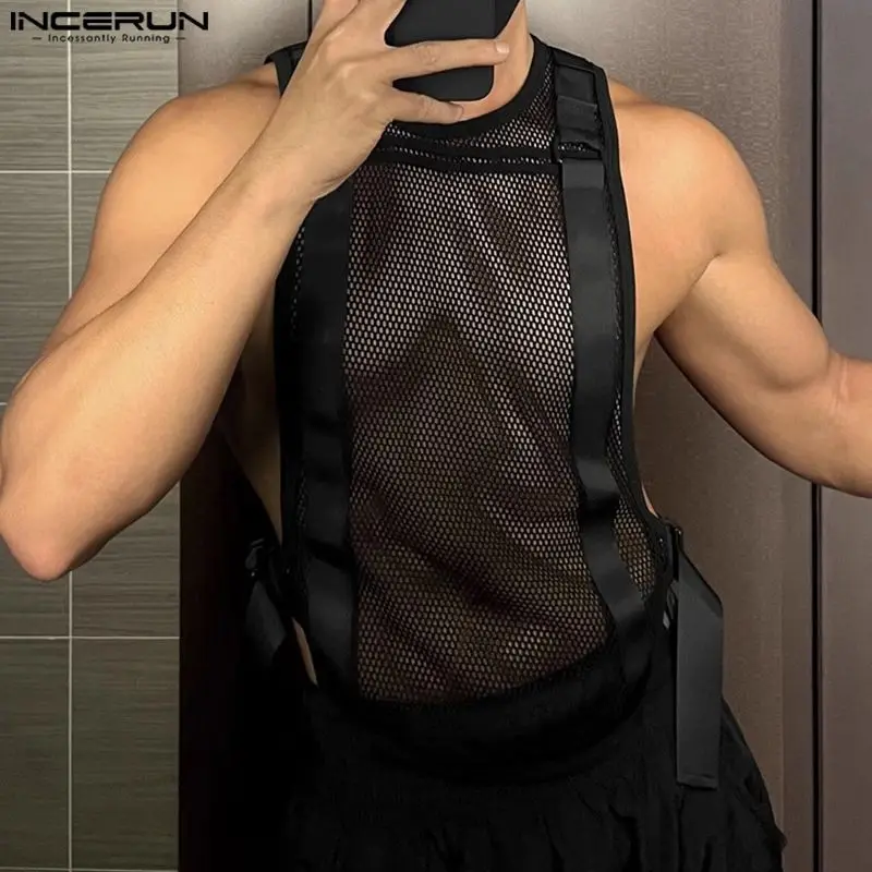INCERUN Men's Tank Tops Mesh Transparent Solid Color O-neck Sleeveless Casual Male Vests Streetwear 2024 Fashion Men Clothing - Image 3