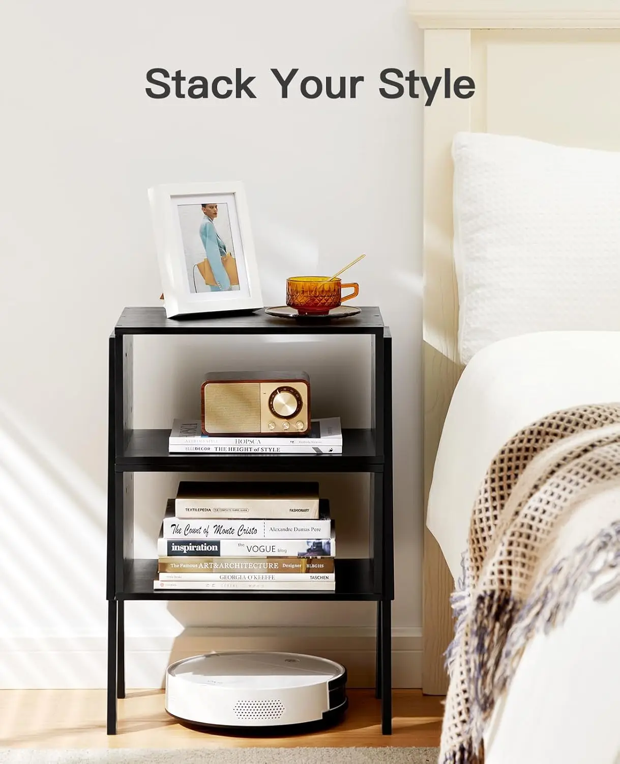 Bedside Tables, Stackable Bamboo Nightstands, Bamboo Side Tables for Bedroom & Living Room, End Table Night Stands, Set of 2, Bl - Image 4
