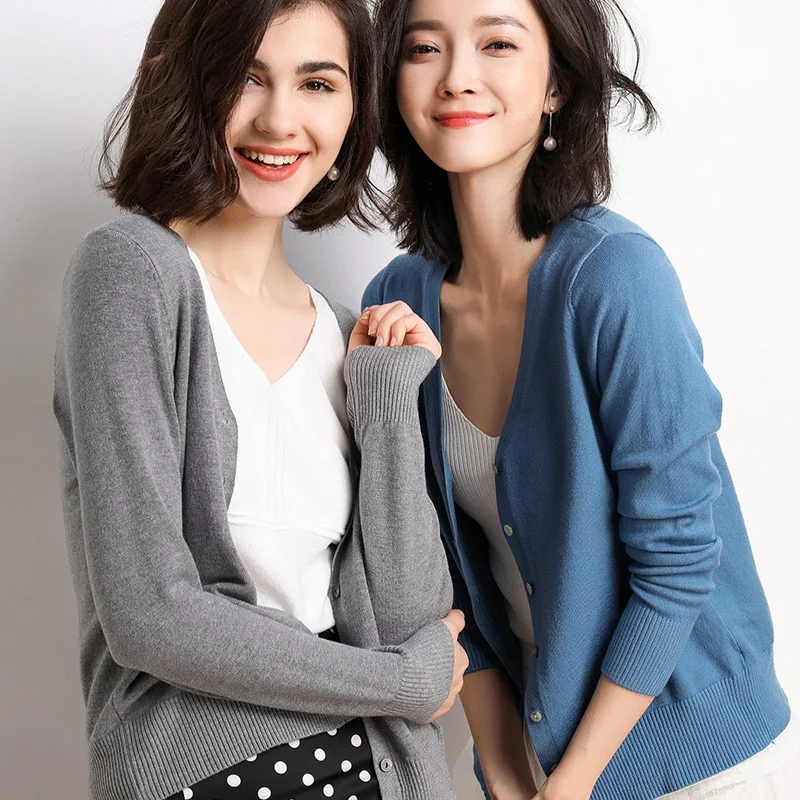 Cardigans Women 2022 Autumn Single Breasted V-neck Knitted Sweater Fashion Short Knitwear Solid Blue Green Pink Women's Jumpers - Image 2