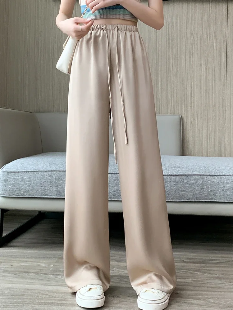 Women's Wide Leg Pants Summer Ice Silk Straight Trousers High Waist Ladies Casual Loose Satin Soft Full-length Pants for Women - Image 3
