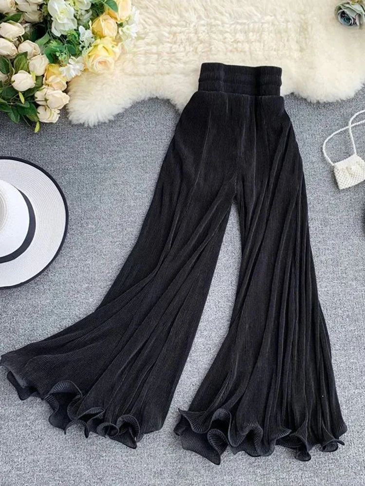 ZOKI Women Flare Pants Loose Gauze Elastic High Waist Ruffle Chiffon Ladies Trousers Fashion Black White Summer Female Pants New - Image 5